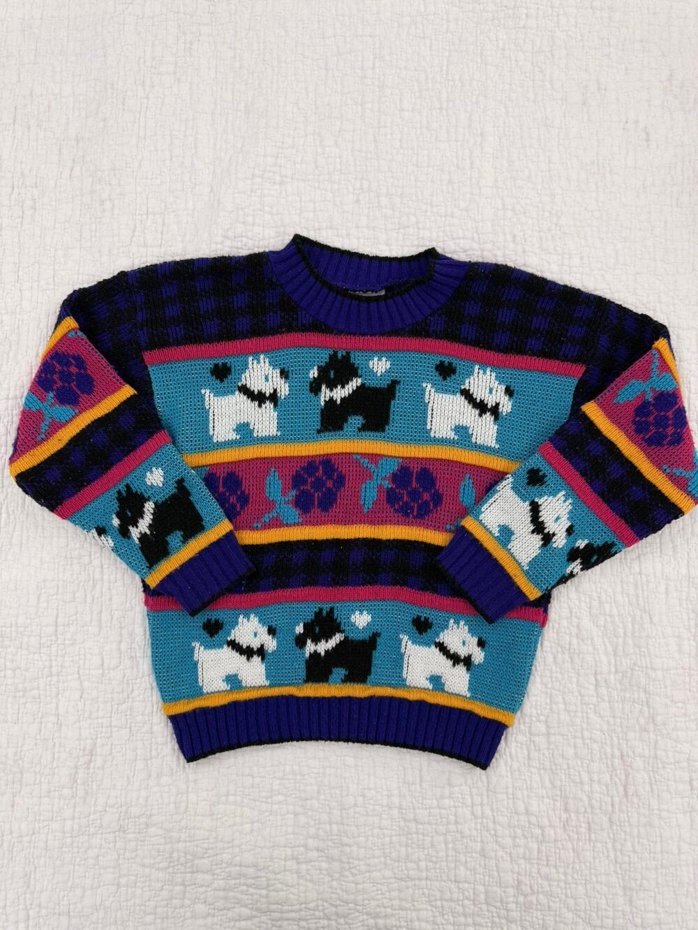 Vintage Heartworks Scottie Dog Knit Sweater Kids Small 6-7 Black Purple 90s USA